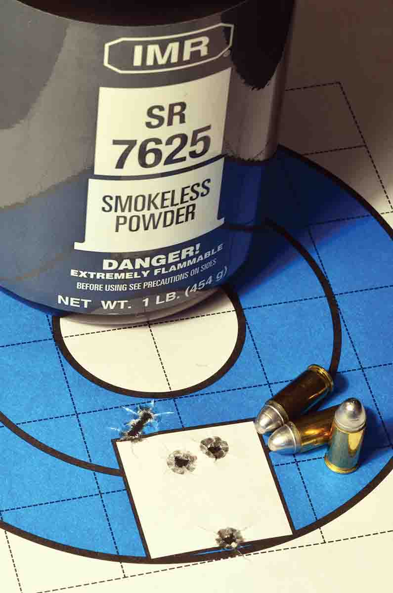SR-7625 won the accuracy stakes with cast bullets, with a sub-two-inch group at 10 yards. One shot was dead on the aimpoint, the other four just above it.